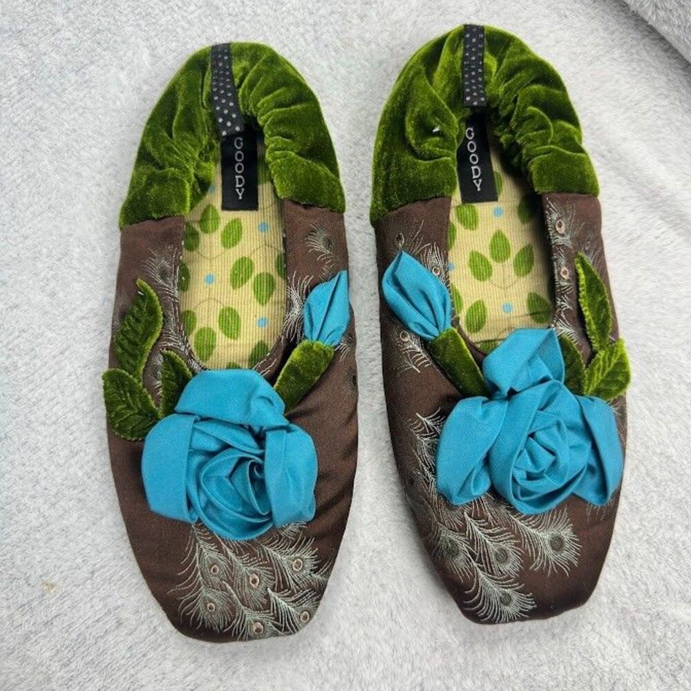 Goody Goody Bon Bon Velvet Peacock Slippers Cottagecore Fairy House Shoes WM 7/8